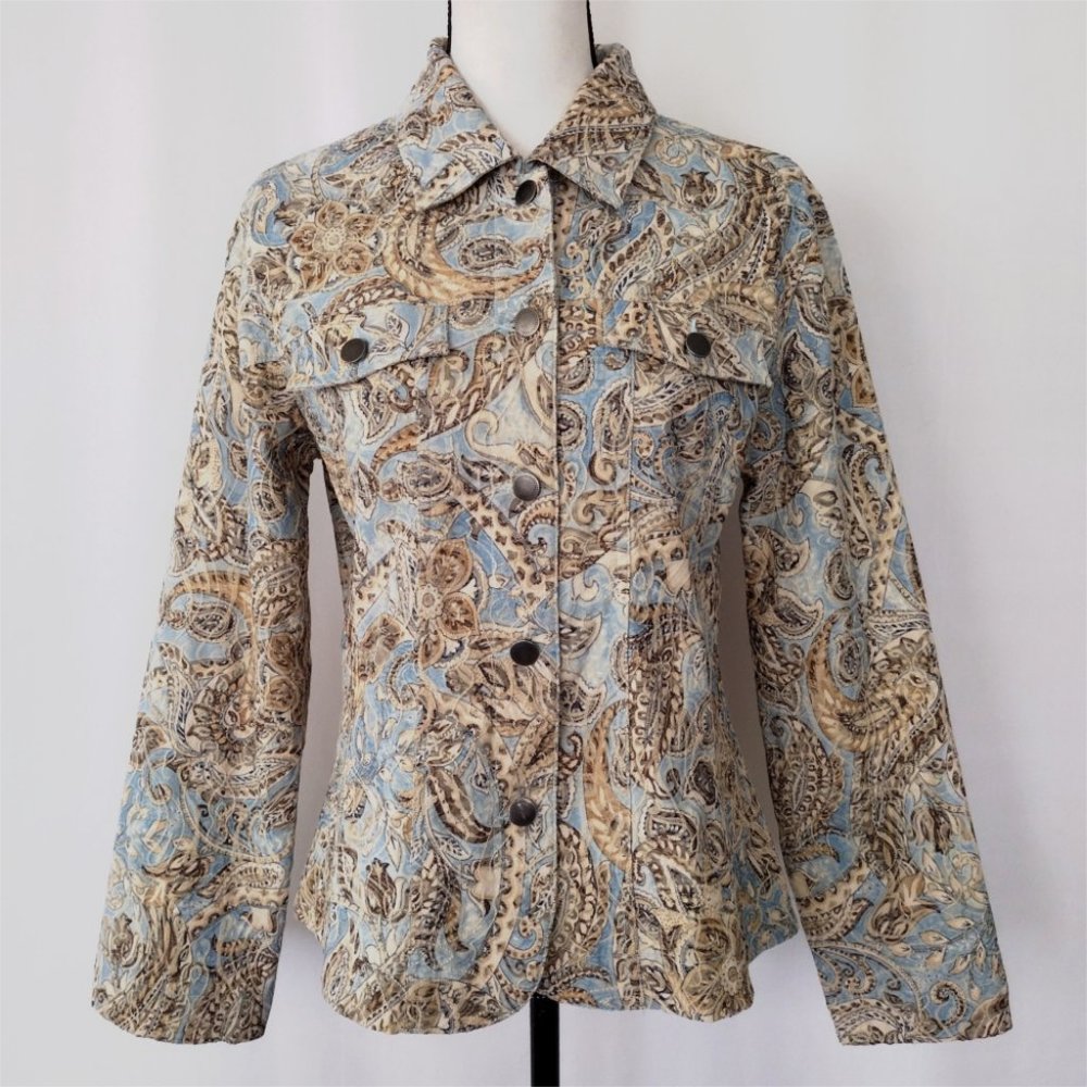 Analogy Women's Bohemian Multicolored Paisley Button Down Textured Jacket Size L